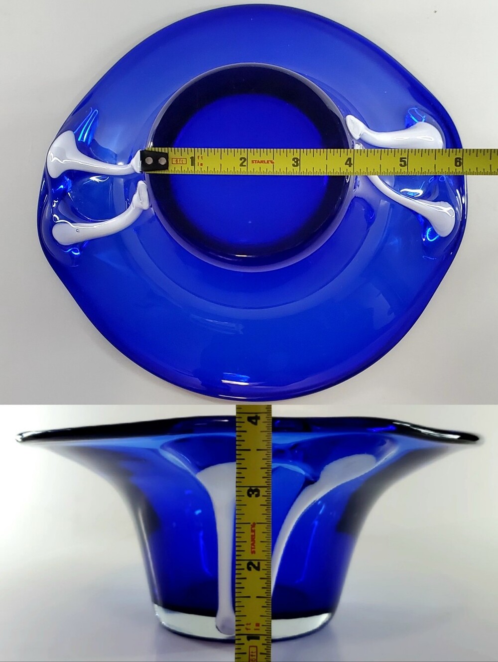 10 1/4" Bright Cobalt Blue White Cased Art Glass Free-form Bowl - Picture 7 of 16